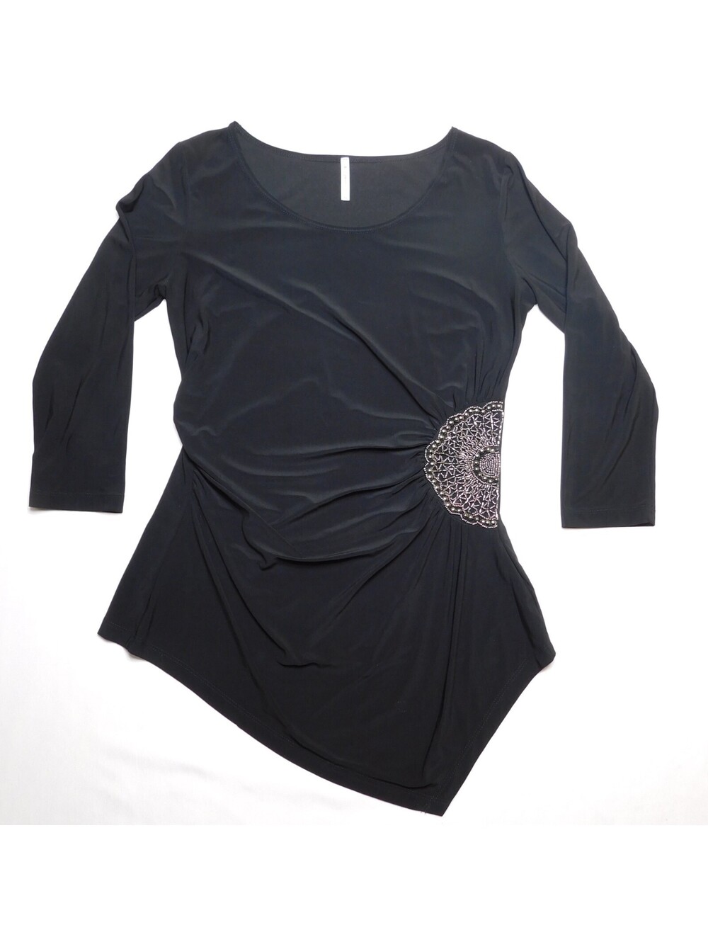 Passports Womens M Black Asymmetric Blouse Rhinestone Embellished Ruched Top Med